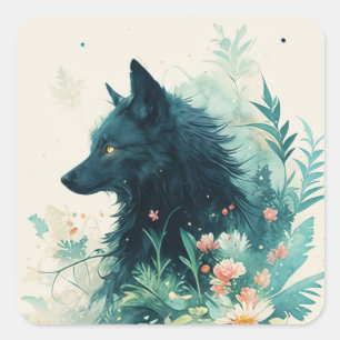 Black Wolf Profile Watercolor Floral Teal Art Square Sticker