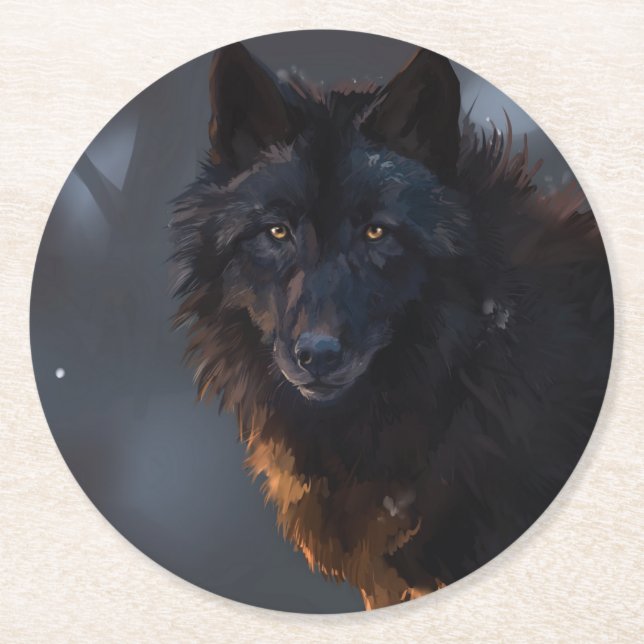 Black Wolf Round Paper Coaster (Front)