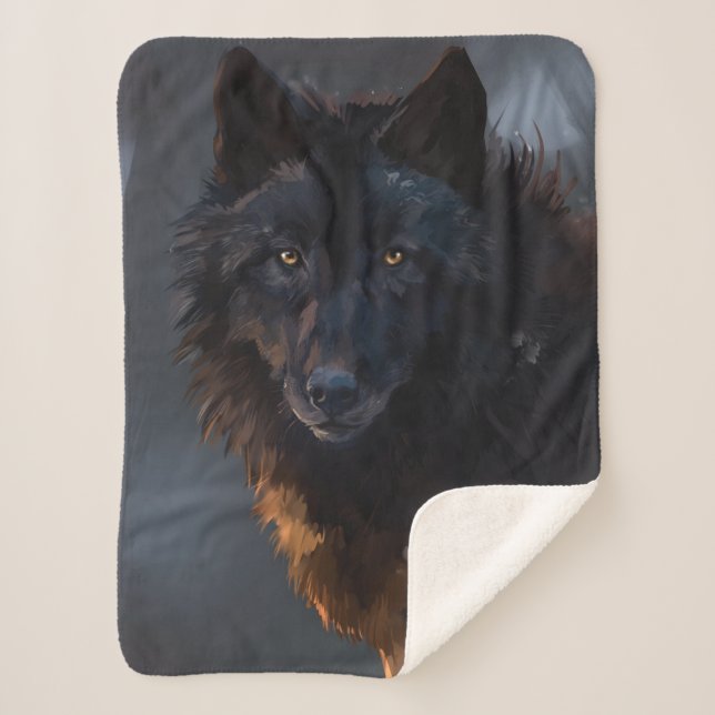 Black wolf sherpa blanket (Front)