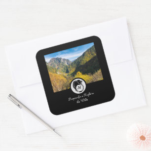 Black Wolf Silhouette Laurel Monogram Photo Square Sticker