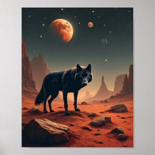 Black Wolf Under mars landscape Poster