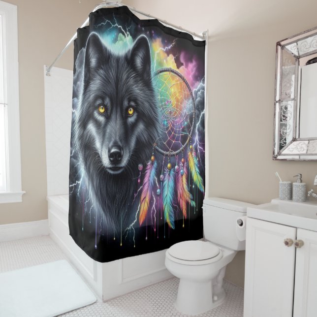Black Wolf with a Dreamcatcher Shower Curtain (In Situ)