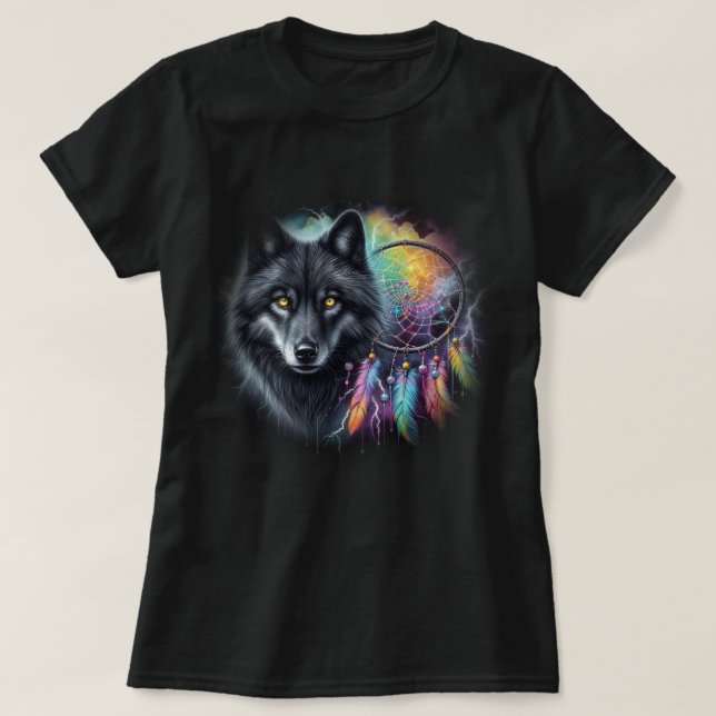 Black Wolf with a Dreamcatcher T-Shirt (Design Front)