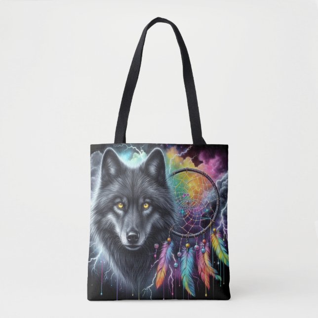 Black Wolf with a Dreamcatcher Tote Bag (Front)
