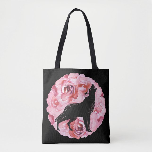 Black Wolf with Pink Roses Tote Bag (Front)