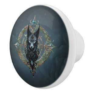 Black wolfs head with piercing blue eyes,  ceramic knob