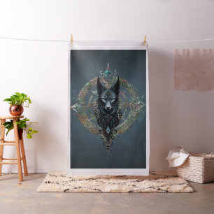 Black wolfs head with piercing blue eyes, fabric