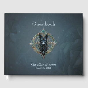Black wolfs head with piercing blue eyes, guest book
