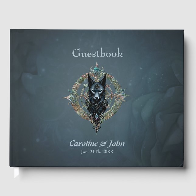 Black wolfs head with piercing blue eyes, guest book (Front)
