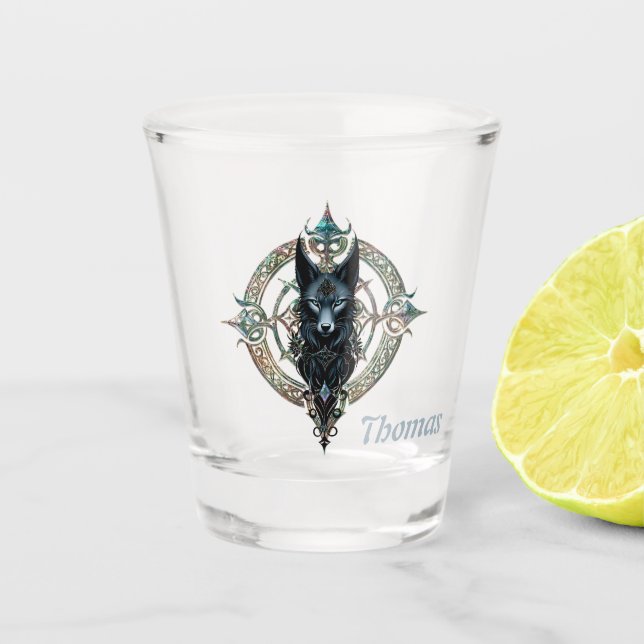 Black wolfs head with piercing blue eyes shot glass (Front)