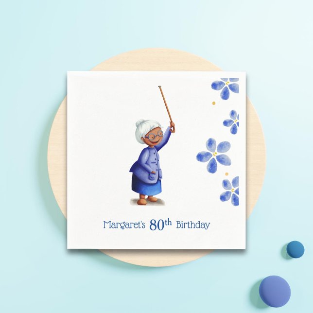 Black Woman 80th Birthday Watercolor Floral Napkin (Creator Uploaded)