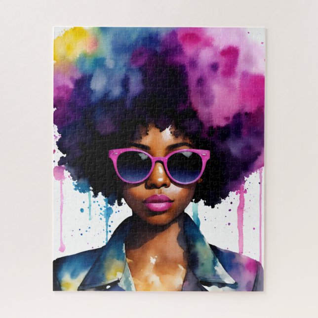 Black Woman Afro Hair and Sunglasses Rainbow Art Jigsaw Puzzle (Vertical)