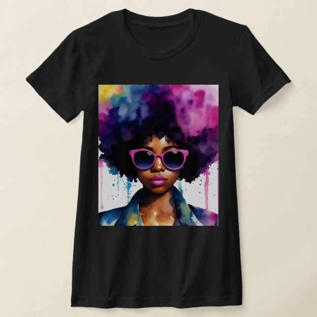 Black Woman Afro Hair and Sunglasses Rainbow Art T-Shirt (Laydown)