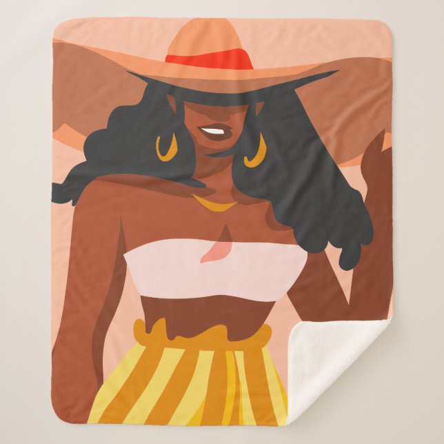Black Woman, Big Hat, Vacation Vibes Sherpa Blanket (Front)