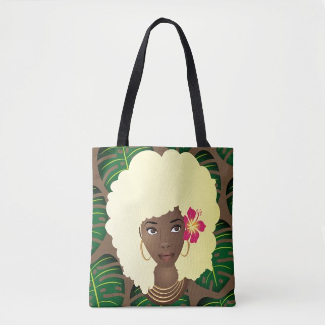 Black Woman, Blonde Afro, Green Leaves, Brown Tote Bag (Front)