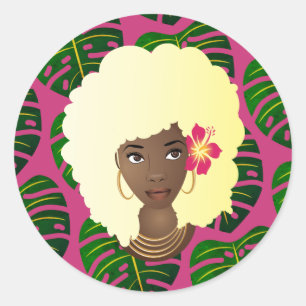 Black Woman, Blonde Afro, Tropical Leaves, Pink Classic Round Sticker