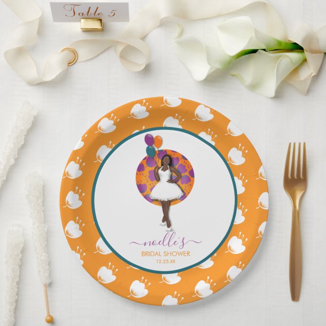Black Woman Bridal Shower Balloons Flowers Orange Paper Plate (Wedding)