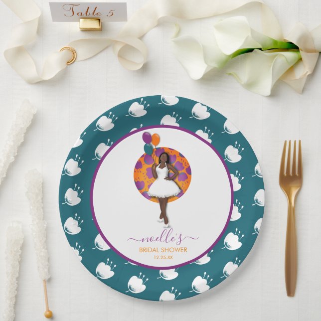 Black Woman Bridal Shower Balloons Flowers Teal Paper Plate (Wedding)