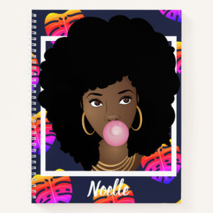 Black Woman, Bubblegum, Tropical Leaves Navy Blue Notebook