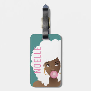 Black Woman, Bubblegum, White Natural Hair, Green Luggage Tag