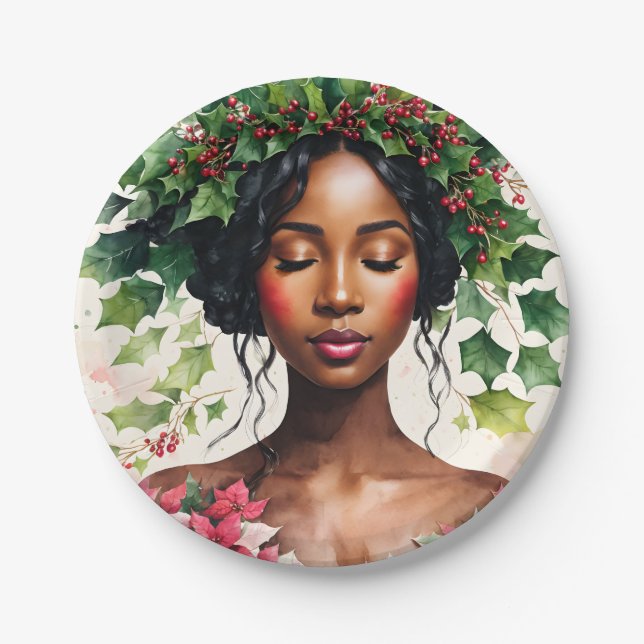 Black Woman Christmas Holly Poinsettia Art Paper Plate (Front)