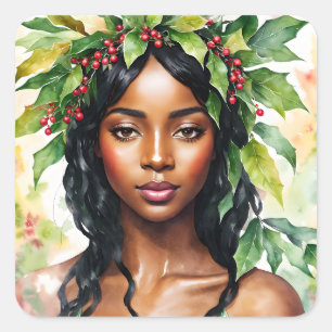 Black Woman Christmas Holly Watercolor Art Square Sticker