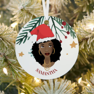 Black Woman, Christmas Red Santa Hat, Tree, Stars Metal Tree Decoration