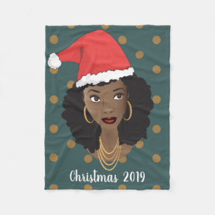 Black Woman, Christmas Santa Hat, Polka Dot Teal Fleece Blanket