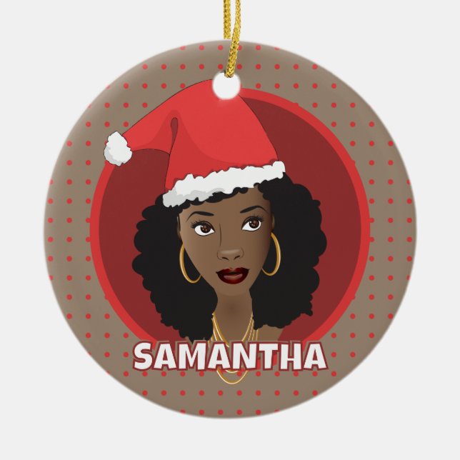 Black Woman Christmas Santa Hat, Red Dots, Brown Ceramic Tree Decoration (Front)