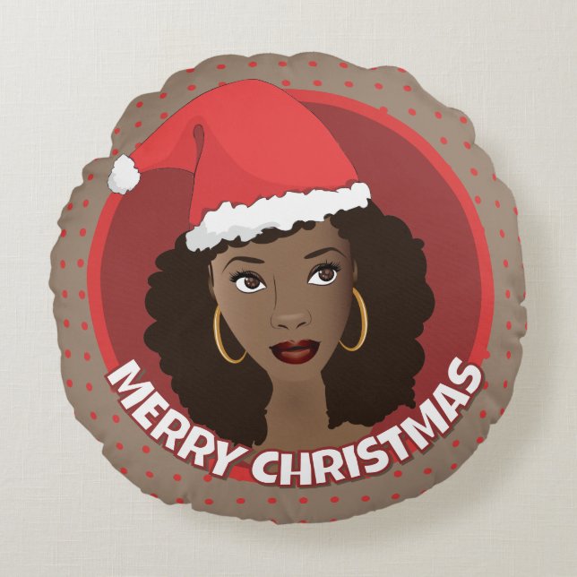 Black Woman Christmas Santa Hat, Red Dots, Brown Round Cushion (Front)