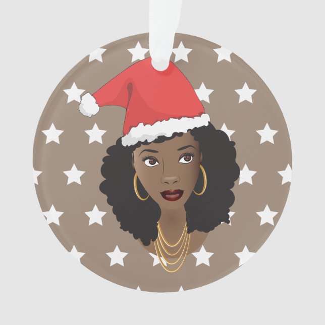 Black Woman Christmas Santa Hat, White Stars Brown Ornament (Front)