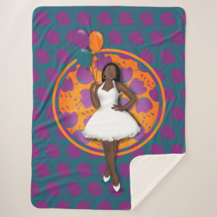 Black Woman Colourful Balloons Flower Pattern Teal Sherpa Blanket