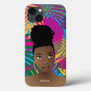 Black Woman, Colourful Tropical Leaf Pattern iPhone 13 Case