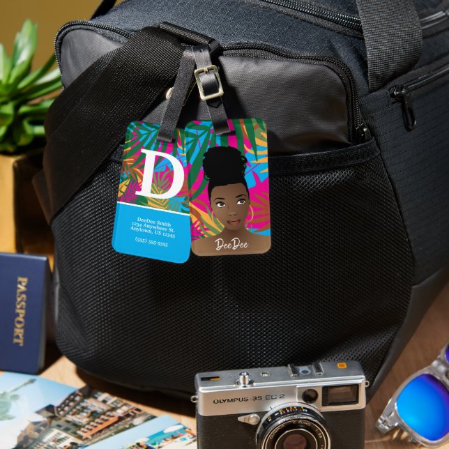 Black Woman, Colourful Tropical Leaves, Blue Luggage Tag (Front & Back)