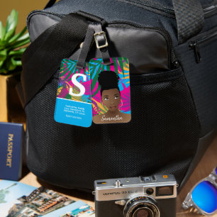 Black Woman, Colourful Tropical Leaves, Blue Luggage Tag