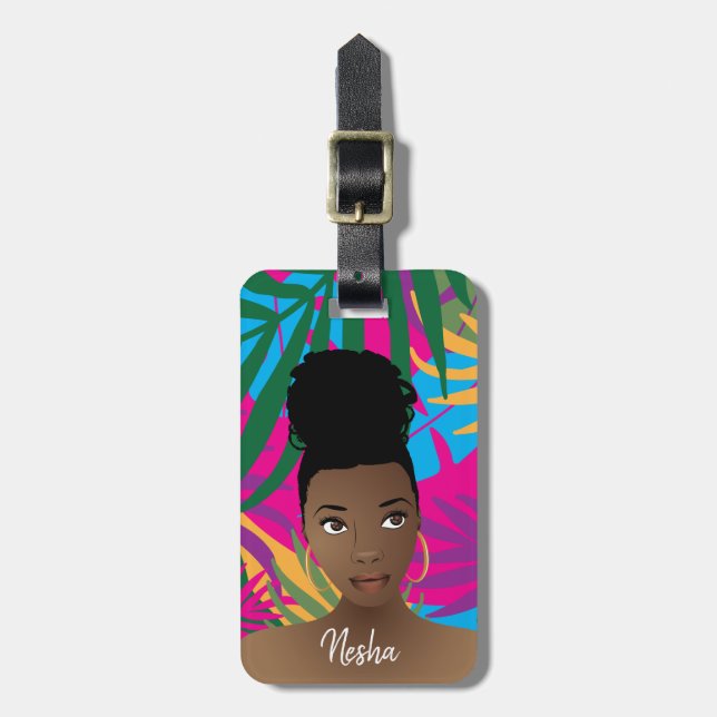 Black Woman, Colourful Tropical Leaves, Monogram Luggage Tag (Front Vertical)