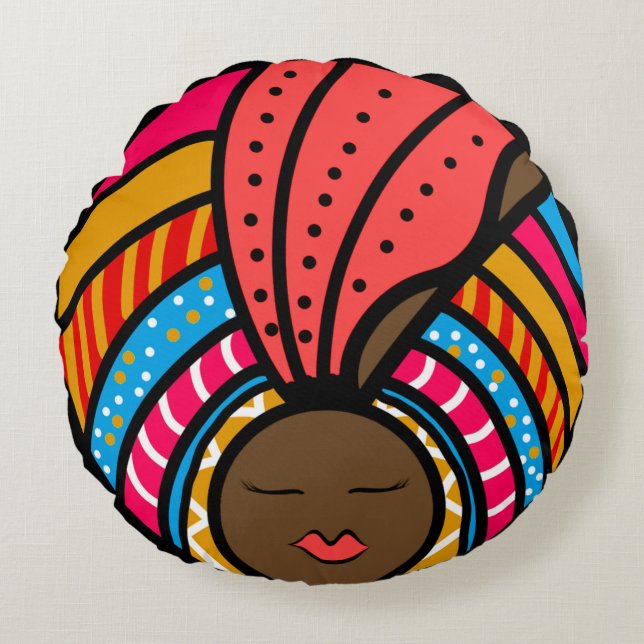 Black Woman Colourful Turban, Orange Round Cushion (Front)