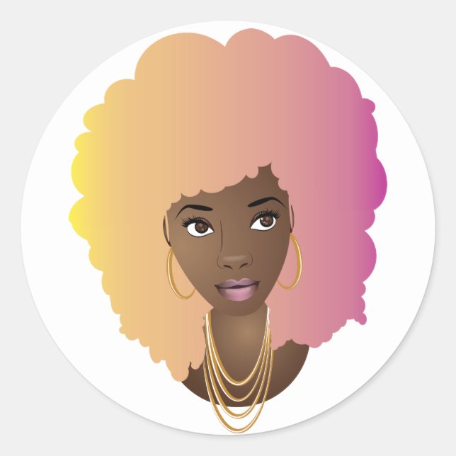 Black Woman, Colourful Yellow, Orange & Pink Hair Classic Round Sticker (Front)