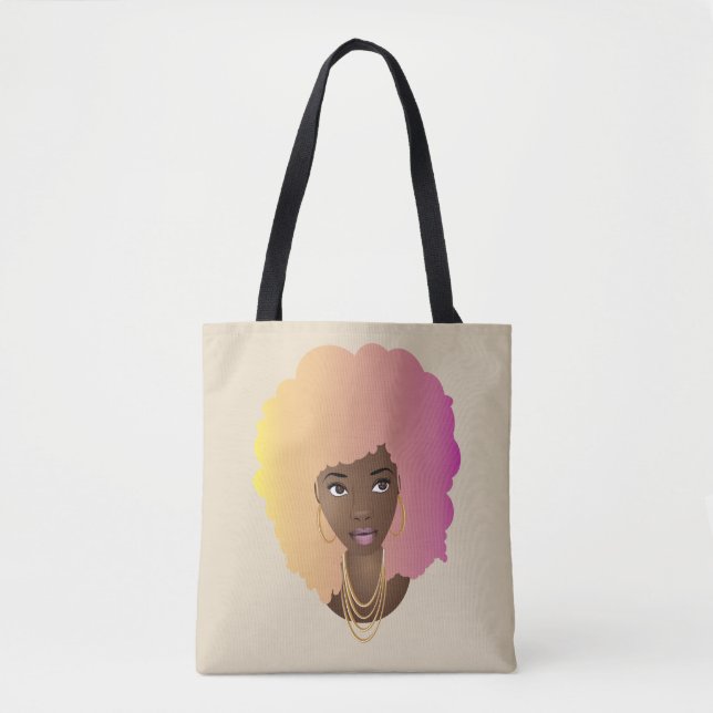 Black Woman, Colourful Yellow, Orange & Pink Hair Tote Bag (Front)