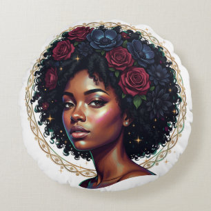 Black Woman Dark Floral Afro Round Cushion