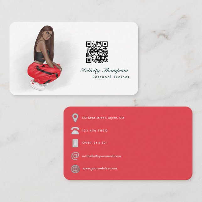 Black Woman Fitness Instructor Girl QR Code Business Card (Front/Back)