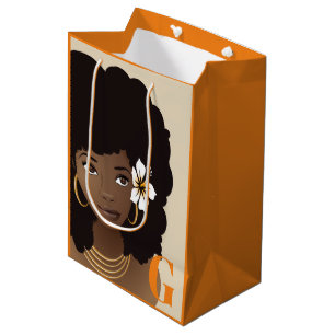 Black Woman Flower in Afro, Orange & Beige Initial Medium Gift Bag