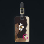 Black Woman Flower in Hair, Monogram, Pink & Beige Luggage Tag<br><div class="desc">This luggage tag design features a natural beauty with curly brown afro,  layered necklaces,  and gold hoops on a beige background with your initial on the front. The back features a natural beauty with a brown curly afro,  layered necklaces,  and gold hoops on a magenta background. Safe travels!</div>
