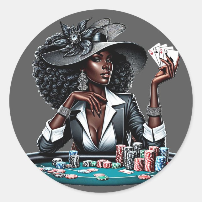 Black woman Gambling Casino Cards Poker Chips Art Classic Round Sticker (Front)
