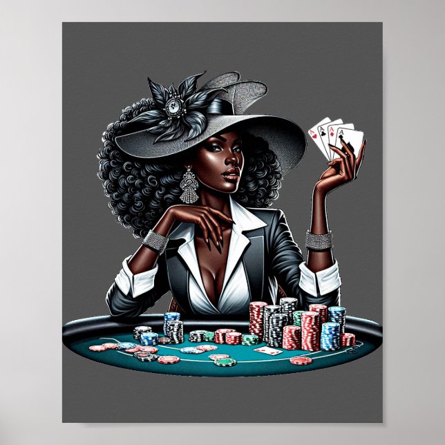 Black woman Gambling Casino Cards Poker Chips Art Poster (Front)