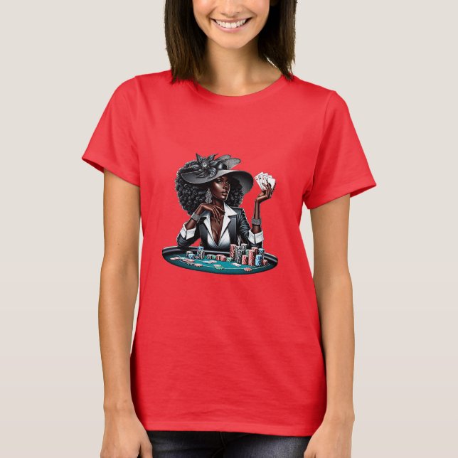 Black woman Gambling Casino Cards Poker Chips Art T-Shirt (Front)