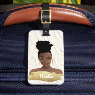 Black Woman, Gold Abstract Shape, White Luggage Tag