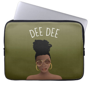Black Woman, Gold Shades & High Bun, Olive Green Laptop Sleeve