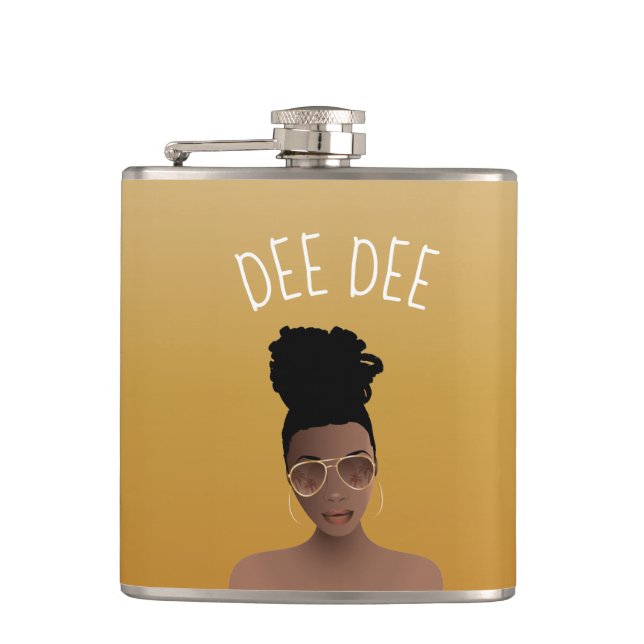 Black Woman, Gold Shades & High Bun, Yellow Gold Hip Flask (Front)