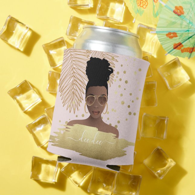 Black Woman, Gold Shades & Palm Leaves, Pink Can Cooler (In Situ Summer)